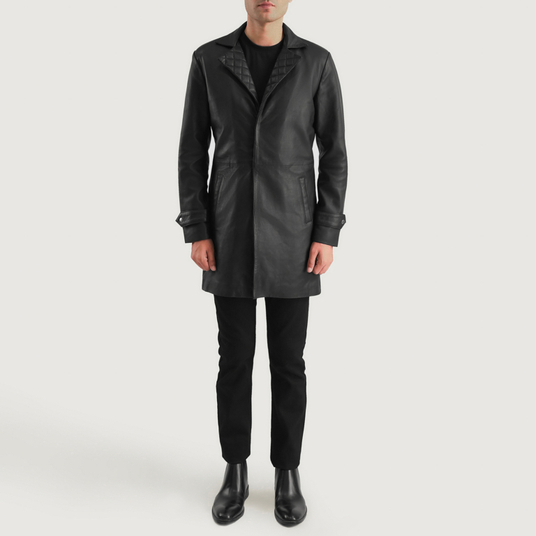 Mens Infinity Black Leather Coat Full Length-2-1700483249520